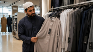 Muslim man examining a premium thobe in an Islamic clothing store while searching for high-quality modest menswear