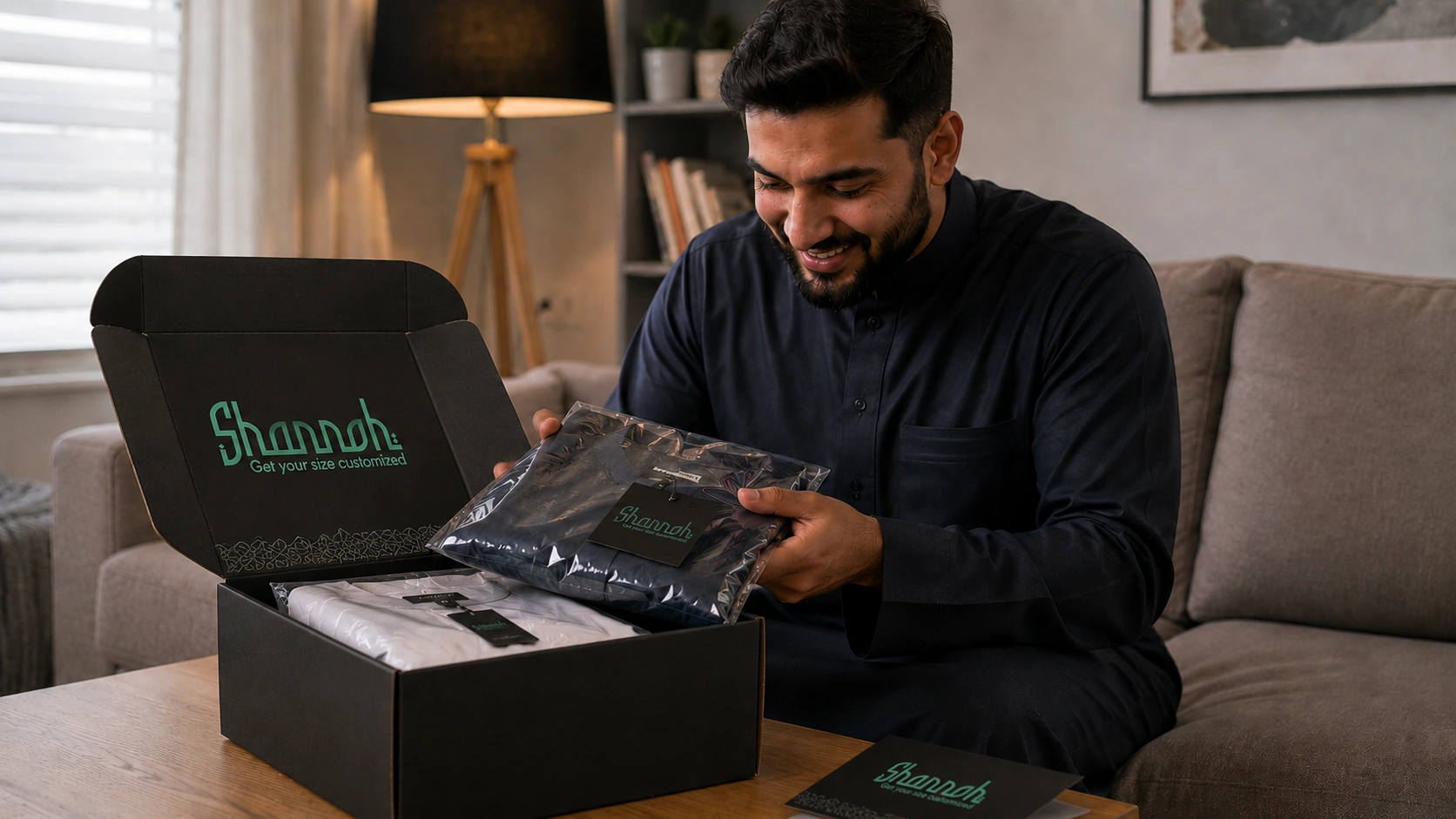 customer happily unboxing premium thobes at home after ordering from Shannoh, a trusted Islamic clothing supplier in USA and Canada