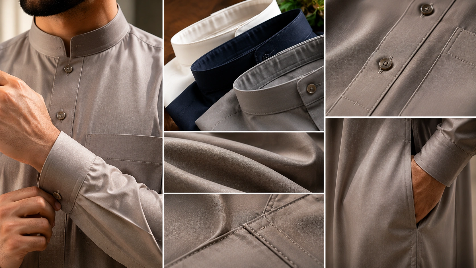 Detailed view of a high-quality men's thobe highlighting fabric quality, tailoring, collar, cuffs, and pocket construction