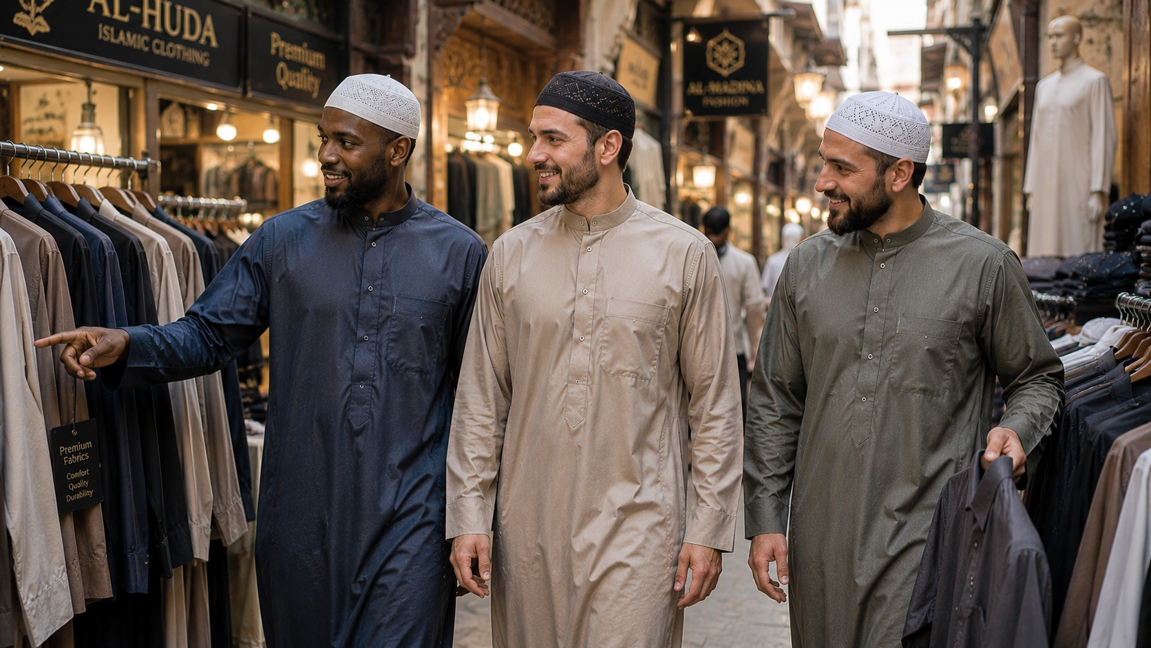 Muslim friends shopping together for stylish thobes and Islamic clothing in a traditional market 